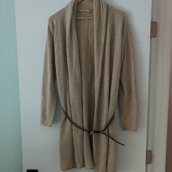 Red Envelope Tan Long Line Cardigan Cashmere Cozy Sweater W Shawl Collar+ Belt M - Picture 1 of 6